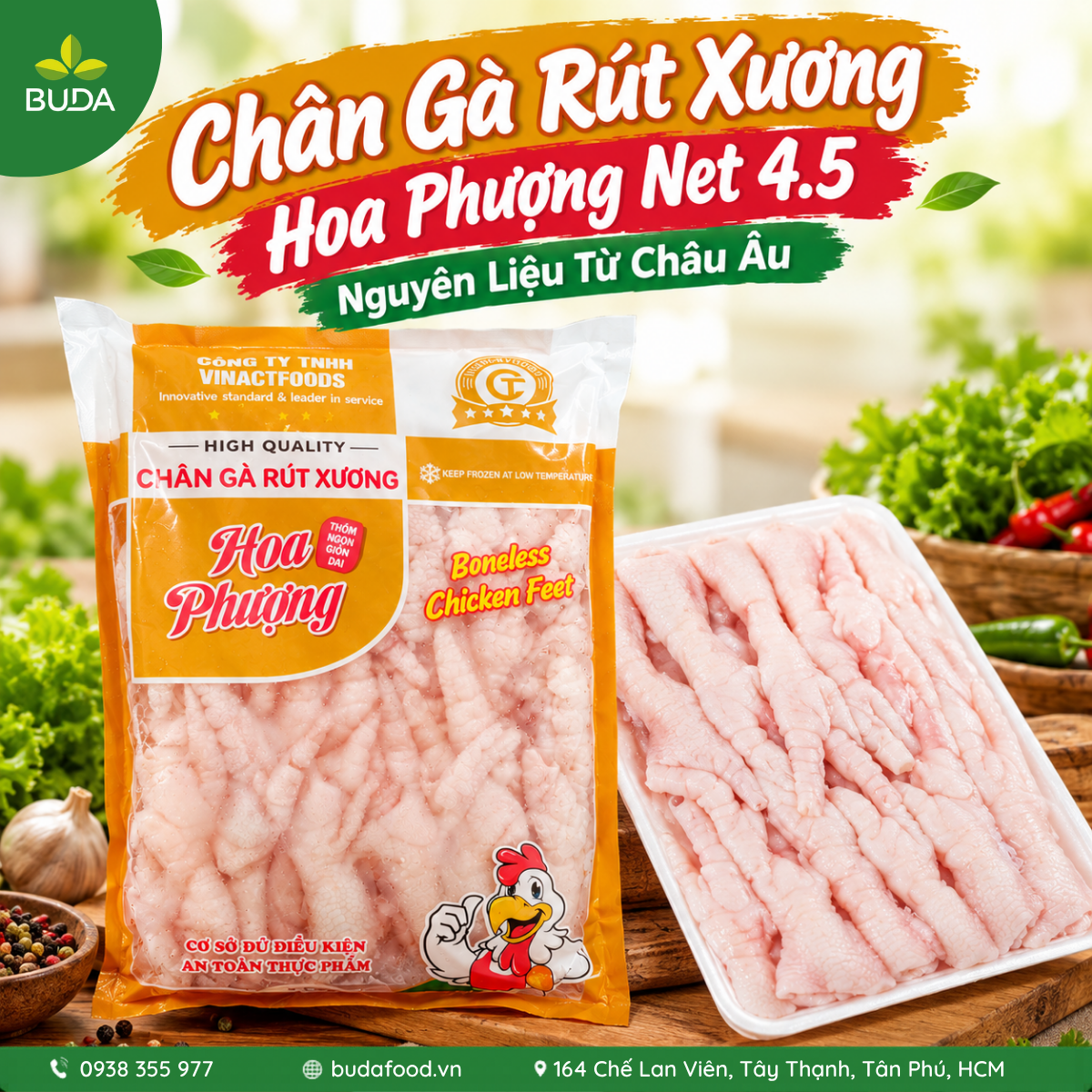 Chân gà rút xương Hoa Phượng hiệu Vinactfoods 1kg/gói Net 4.5, gói cam – Nguyên Liệu từ Châu Âu