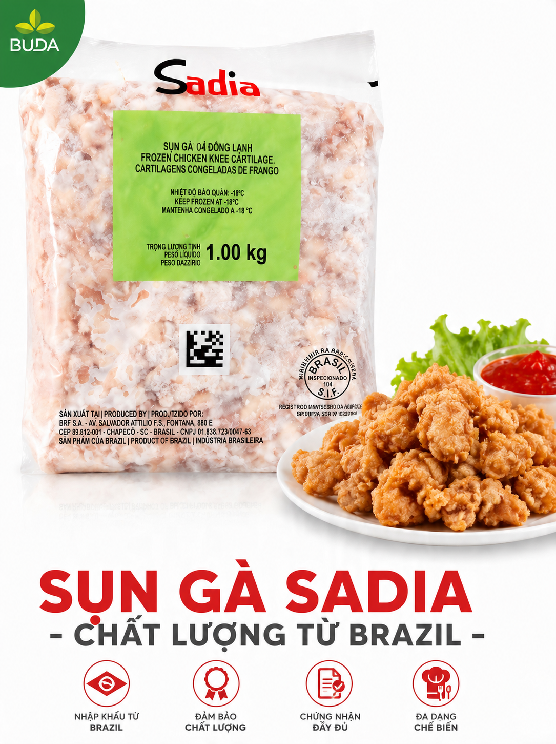 Sụn gà đông lạnh (Sụn gối) hiệu Sadia nhập khẩu từ Brazil 1kg/gói