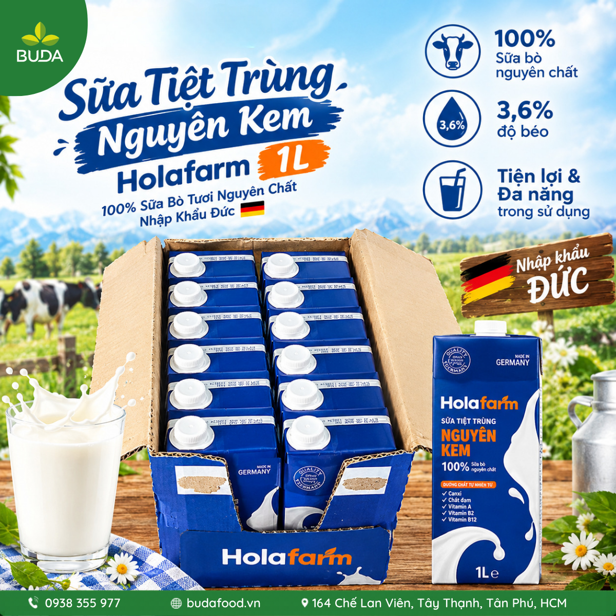 Sữa Tiệt Trùng Nguyên Kem Holafarm 1L - Sữa Bò Tươi Nguyên Chất Nhập Khẩu Đức - HSD 06/2027 [Thực phẩm BUDA]